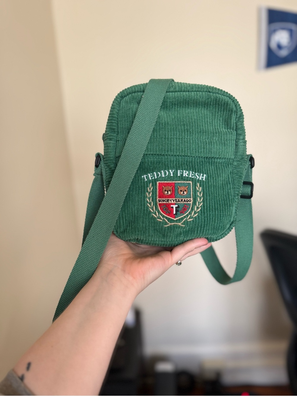 Teddy Fresh embroidered green corduroy crossbody bag/purse